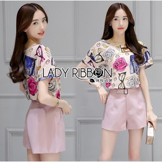 ⚡️โล๊ะล้างสต๊อก⚡️เซ็ตเสื้อแขนสั้นพิมพ์ลายและกางเกงขาสั้นสีชมพู ป้าย Lady Ribbon