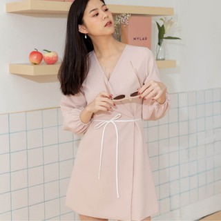 MYLAR - jasmine wrap dress สี soft pink ชุดเดรส แขนยาว ปลายแขนทรงบอลลูน มีดีเทลโบว์ผูกเอว