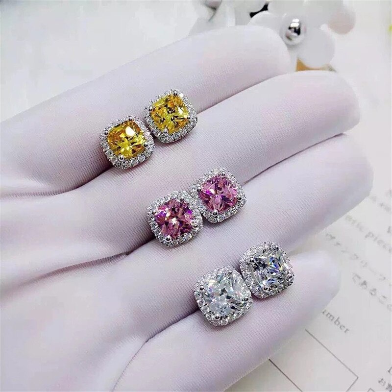 100% 925 เงินสเตอร์ลิงสีขาวสดใส/สีเหลือง/สีชมพู CZ ต่างหูสตั๊ดสําหรับผู้หญิงแฟชั่นเครื่องประดับหดคุณภาพสูงหมั้นงานแต่งงานต่างหู