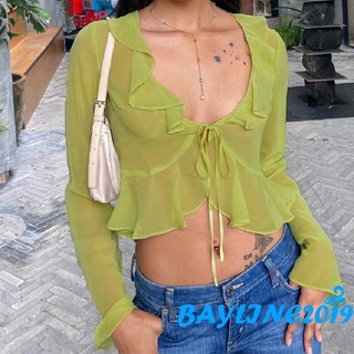 BAY-Women Sheer Crop Tops, Long Flared Sleeve Deep V Neck Pleated Hem Tops for Summer Pub, Women Clothing