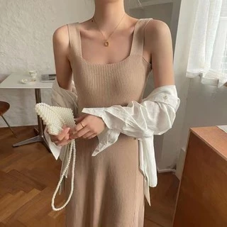 Cicishop(827-1)เดรสยาวผ้าไหมพรมknit ผ้าทองร่องใหญ่ยืดได้เยอะ ลุคเกาหลีมาก