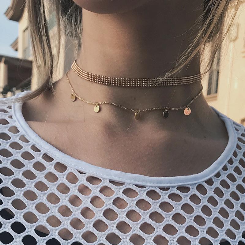 Multilayered Bead Chain Choker Discs Tassel Necklace