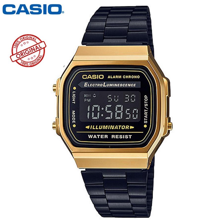 ของแท้ 100% Casio Standard นาฬิกาข้อมือผู้ชาย สายสแตนเลส รุ่น A168WEGB-1B - สีดำ/ทอง（ของแท้100% ประกันCMG)