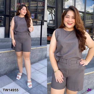 TW14955 Set 3 ชิ้น #BigSize เสื้อคอกลม แขนกุด มาคู่กับกางเกงขาสั้น มีเข็มขัดเข้าเซต หัวเข็มขัดปั้ม เนื้อผ้าลินิน