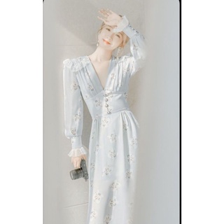 พร้อมส่ง🌨️ S-XL🌥️ เดรสลายดอกไม้สีฟ้าอ่อน แต่งลูกไม้⛅ la Belle