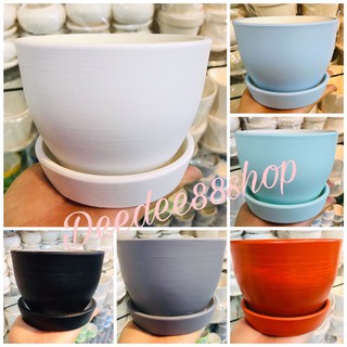 กระถางเซรามิก 5 นิ้ว💓 set 2 ชิ้น กระถาง+จานรอง 💥กว้าง 5นิ้วxสูง3.9 นิ้ว 💥