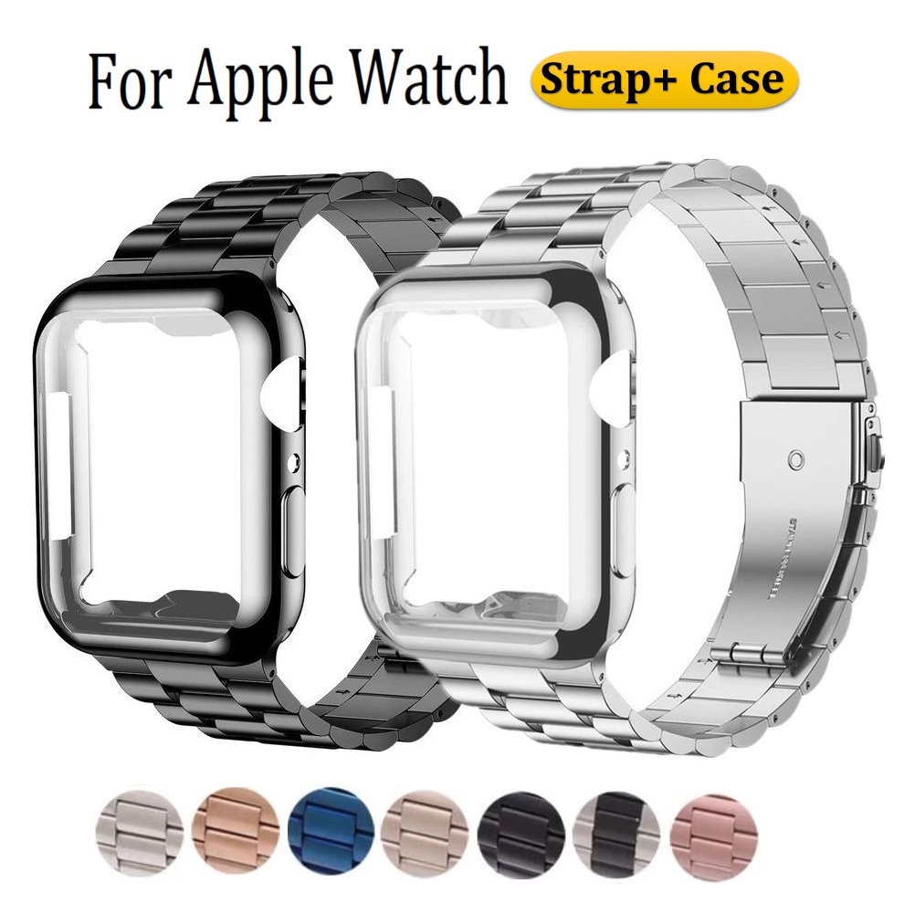 Compatible For Watch Strap + Case i watch Series 1/2/3/4/5/6/7/8/9/Se Stainless Steel Metal Replacement i Watch Straps Size 41mm~44mm Soft TPU Case สาย i watch Strap