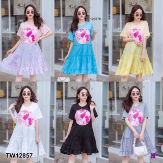 ❤️ TW12857 Dress เดรสสั้น คอกลม แขนสั้น ต่อระบายชายกระโปรงหวานๆ ฟรุ๊งฟริ๊งแบ๊วๆ ผ้ายืดต่อกระโปรงคอตตอนมัสลิน สกรีนลาย