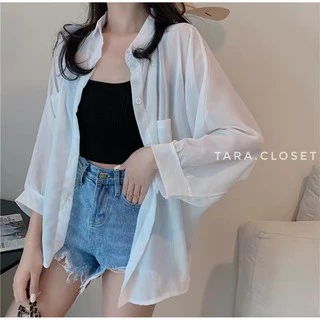 CF018 TARA Shirt Chiffon เสื้อเชิ้ต เสื้อคลุมแขนยาว กระเป๋าคู่ ทรงโอเวอร์ไซร์ แขนยาว เนื้อผ้าชีฟองเนื้อทรายอย่างดี