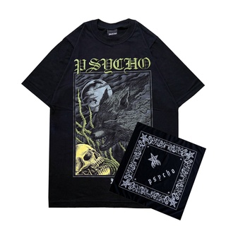 ROUND คอลูกเรือPsycho666 เสื้อยืด ลาย Bundling Slayer Bandana x Wolf Anger v.2 สีดํา-4XL