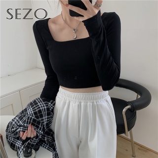 Sezo เสื้อยืดลําลอง คอสี่เหลี่ยม เอวสูง แฟชั่นสไตล์เกาหลี สําหรับสตรี