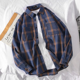 A09 เสื้อเชิ้ตแขนยาว ลายสก๊อต สำหรับผู้ชาย ทรงหลวม สไตล์เกาหลี ขนาด M-2XL