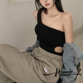 Hannie-Women Ribbed Solid Color Cutout Waist One Shoulder Crop Tops