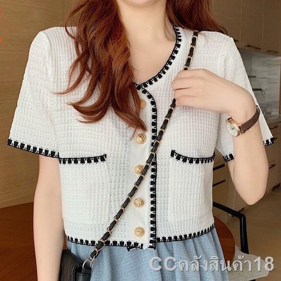 ☈✲❆CCshop ถูกที่สุด มี7สี เสื้อไหมพรมแต่งขอบ คอวีกระดุมหน้า #พร้อมส่ง