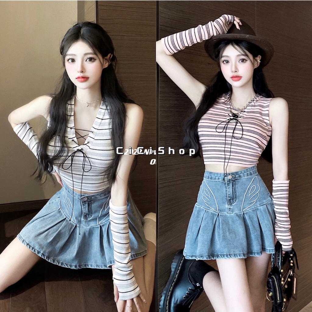 SALE 8.8 Cicishop(8526) เสื้อไหมพรมแขนกุด ลายทาง ดีเทลเชือกผูกหน้าอก แถมปอกแขนให้แบบใหม่แบบสับ แซ่บสุดๆ