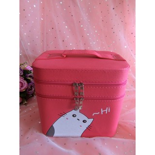 [มีของพร้อมส่ง] กระเป๋าเครื่องสำอางค์ทรงกระบอก 2 ชั้น ลาย Hi Cat กระเป๋าเครื่องสำอาง ความจุขนาดใหญ่ กล่องเก็บของง่าย