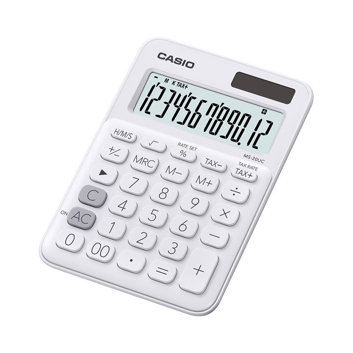 Casio Calculator เครื่องคิดเลข คาสิโอ รุ่น MS-20UC-WE แบบสีสัน ขนาดพอเหมาะ 12 หลัก สีขาว