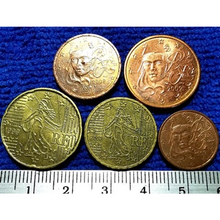 เหรียญ​ต่างประเทศ​ ฝรั่งเศส​ France, ยูโร​ Euro, ชุด​ 1,2,5,10,20 Euro Cent, ใช้แล้ว, #​407