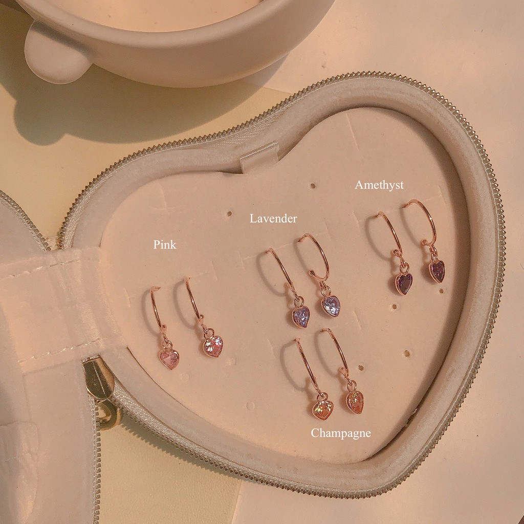 SissyJewelry // ต่างหูเงินแท้ รุ่น heart drop hoop stud ประดับพลอยหัวใจ 5mm (rosegold-plated)