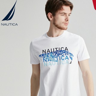 เสื้อยืดสีขาวNautica/Nudica เสื้อยืดคอกลมแขนสั้นเนื้อผ้าฝ้ายพิมพ์ลายตัวอักษรสําหรับผู้ชาย