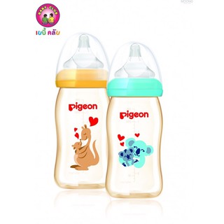 Pigeon ขวดนมพีเจ้นคอกว้างสีชา PPSU ลายใหม่!! 🎉🎉 ลาย มัมเลิฟ 240 มล. + จุกซอฟท์ทัช พลัส M แพค2