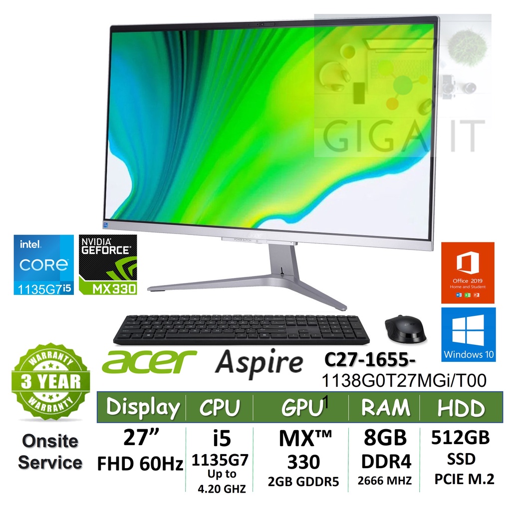 Acer All-in-One Aspire C27-1655-1138G0T27MGi/T001 27", i5-1135G7, MX330, 8G, 512GB M.2, Win10+Office ประกัน Onsite 3 ปี