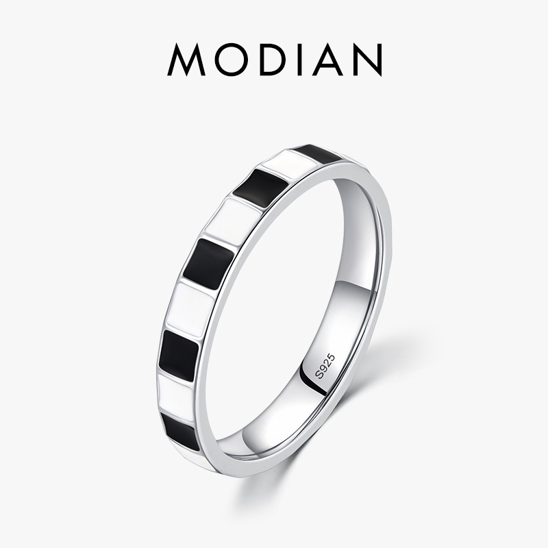 Modian แหวนเงินแท้ 925 เคลือบ สีดํา และสีขาว เครื่องประดับ สําหรับผู้หญิง ของขวัญวันหยุด ปาร์ตี้