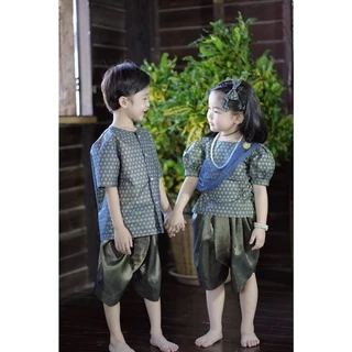 ชุดไทยเด็กชาย ผ้าค้อตต้อนสีกรมท่า โจงสีเขียว