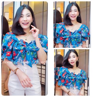 🧸เสื้อครอปแขนตุ๊กตา สายผูกอก🎀ผ้าซาร่าผ้าหนาเนียน พิมพ์ลาย เสริมฟองน้ำ ผูกอกเป็นโบว์ได้ตามใจคะ ระบายชายเสื้อ