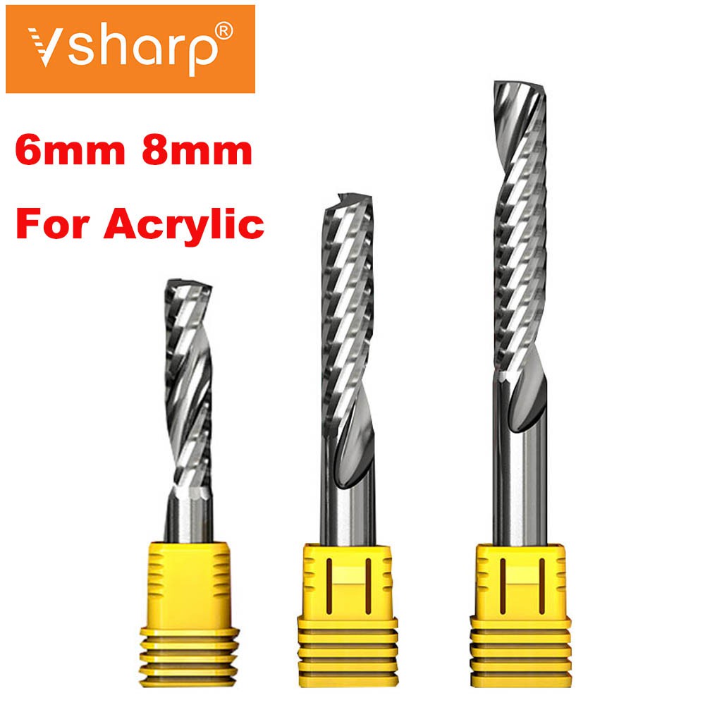 Vsharp 6mm 8mm Shank เดี่ยวขลุ่ยเกลียว End Mill เครื่องตัดทังสเตนคาร์ไบด์สำหรับอะคริลิคไม้บอร์ดความหนาแน่นตัดแกะสลัก