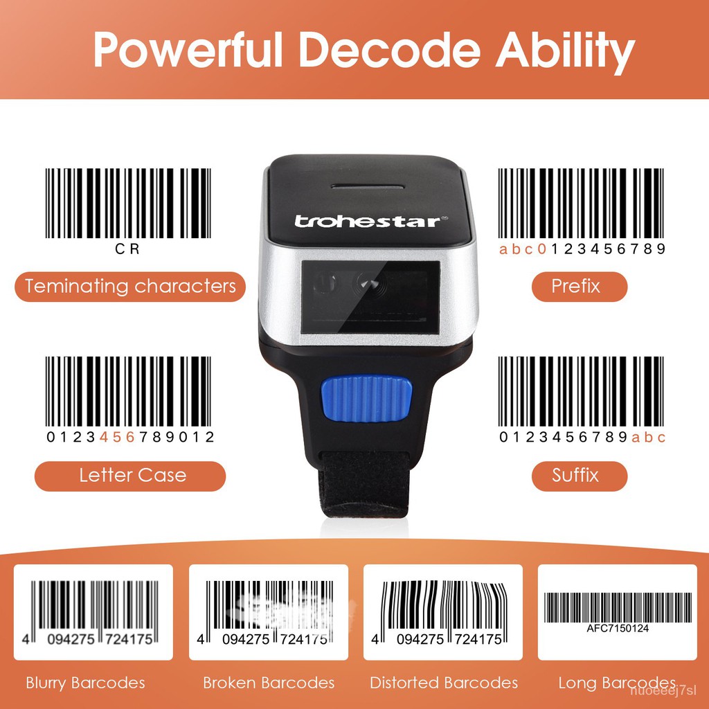 Trohestar Wireless Barcode scanner 2D Portable QR Code Ring Barcode ...