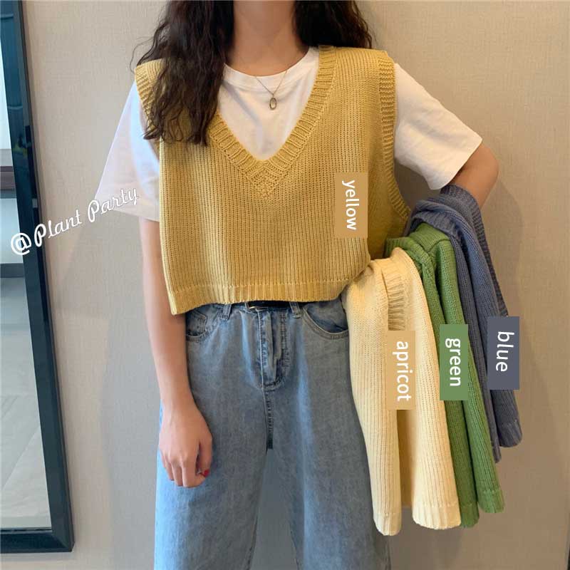 🌵Grace_chili🌵  เสื้อกั๊กไหมพรม แบบสวมหัว คอวี ตัวสั้น สไตล์ย้อนยุคเกาหลี สำหรับผู้หญิง73031