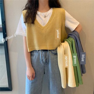 🌵Grace_chili🌵  เสื้อกั๊กไหมพรม แบบสวมหัว คอวี ตัวสั้น สไตล์ย…