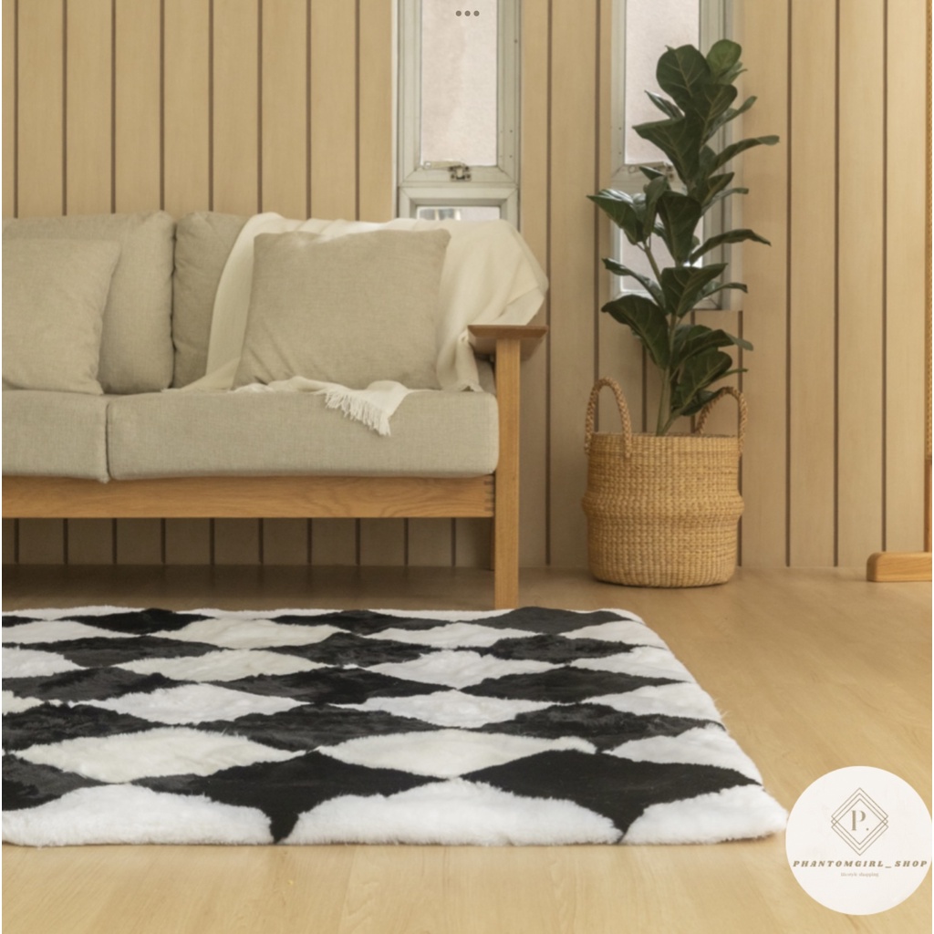 พร้อมส่ง พรมขนกระต่ายเทียม พรมลายตาราง พรม พรมปูพื้น พรมห้องนั่งเล่น ...