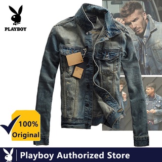 Playboy เสื้อแจ็กเก็ตยีน ผ้ายืด เข้ารูป สไตล์เรโทร แฟชั่นสําหรับผู้ชาย