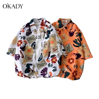 OKADY เสื้อเชิ้ตผู้ชายแขนสั้น เสื้อเชิ้ตลายดอกไม้สไตล์ฮาวายชายชายหาดคู่ใหม่ลายดอกไม้แขนสั้นแฟชั่นหลวม เสื้อฮาวาย