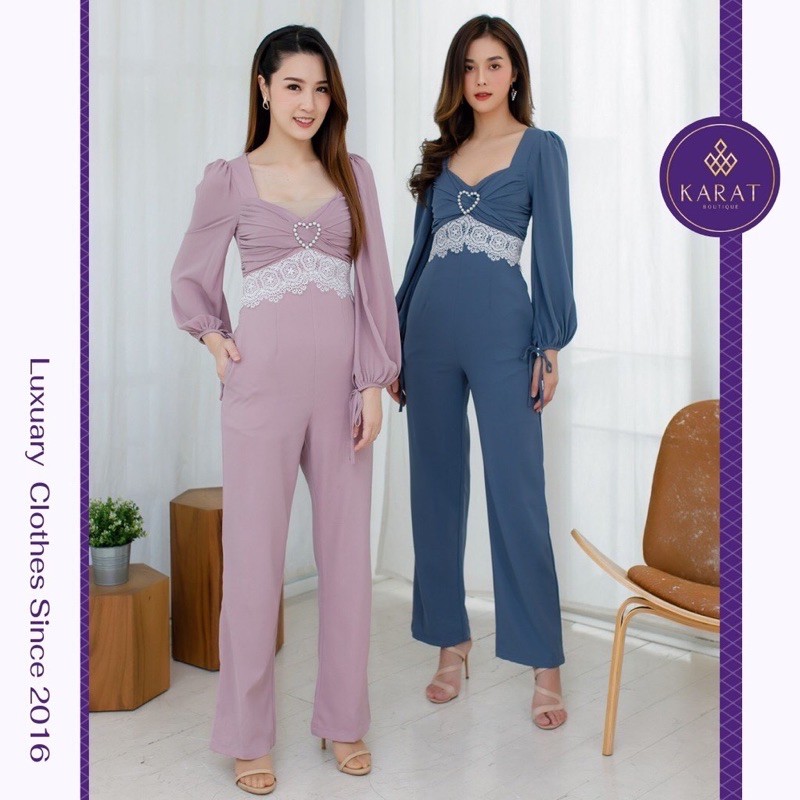 KARAT Boutique Brand Jumpsuit ผ้าพื้นแขนยาวคอวีแต่งหัวใจช่วงอก