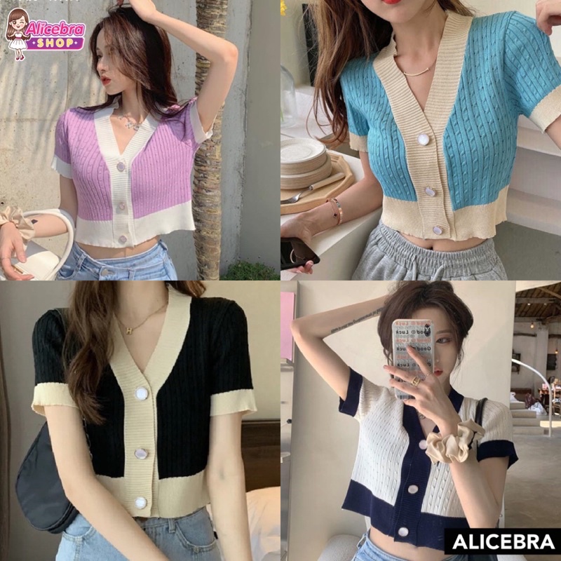 𝗔𝗟𝗜𝗖𝗘𝗕𝗥𝗔 เสื้อไหมพรมแขนสั้น แต่งขอบ คอวี กระดุมหน้า