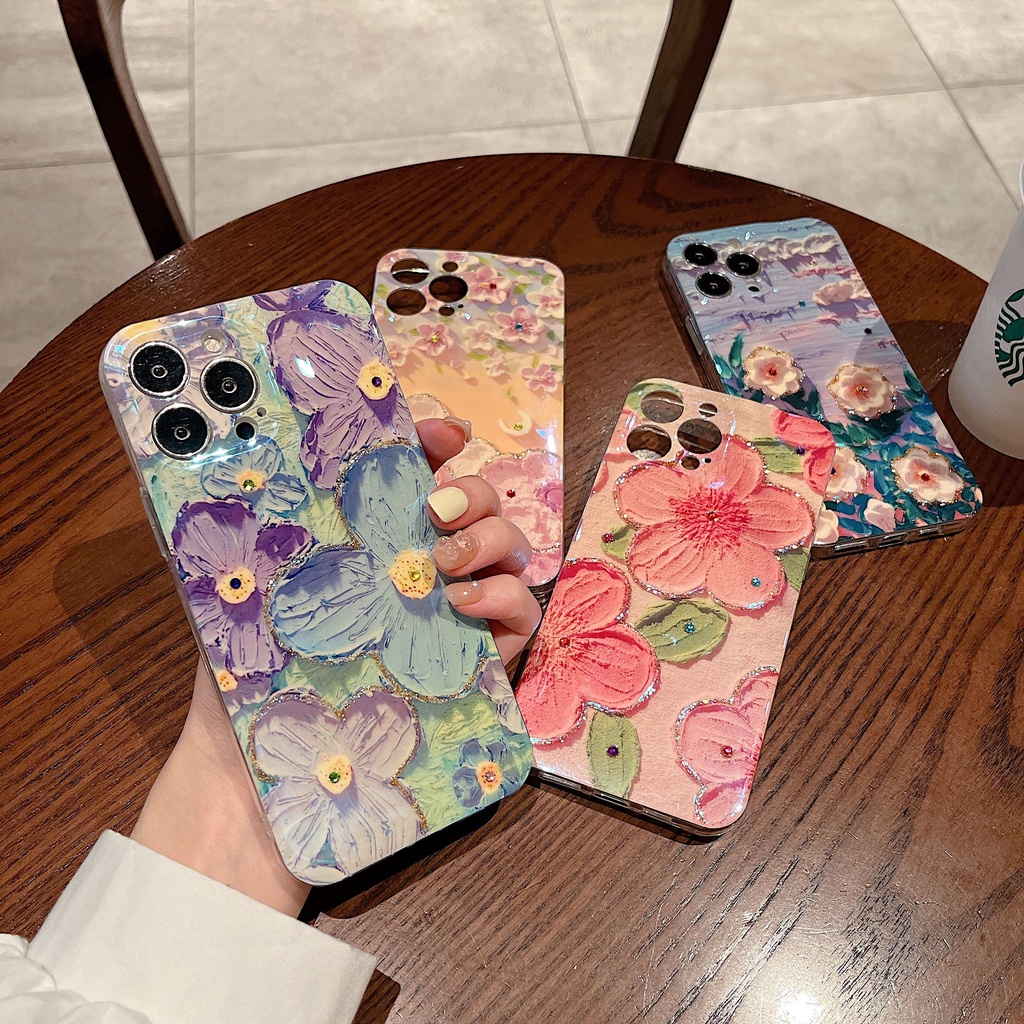 บลูเรย์ พลอยเทียม สด จิตรกรรม ดอกไม้ เคสไอโฟน 13 Pro Max iPhone 12 Pro Max 11 Pro Max XS MAX XR XS X 7Plus 8Plus + Case ใหม่ สไตล์ผู้หญิง นุ่ม TPU เคส