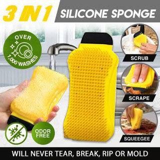 sponge hero 3 in 1 ฟองน้ำทำความสะอาดมหัศจรรย์ เติมน้ำยา ได้ในตัว มีที่ขูด ที่ปาด เช็ด ล้างทำความสะอาดได้ง่าย เกาะแขวนได้