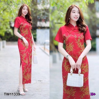 PE11339 Maxi Dress เดรสกี่เพ้ายาวลายดอกแขนสั้น ติดกระดุมจีน เนื้อผ้าซาร่าพิมพ์ลาย ชายกระโปรงผ่าข้าง 2 ข้าง