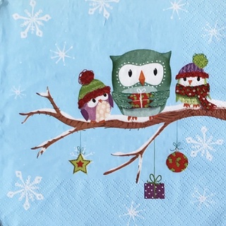 Pladao Napkin ภาพสัตว์ การ์ตูน นกฮูก Owls in Snow กระดาษ แนพกิ้น สำหรับงานศิลปะ เดคูพาจ decoupage ขนาด L 33x33