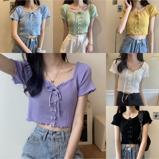 Giro  พร้อมส่ง เสื้อครอปแขนสั้นไหมพรมกระดุมรูปโบว์ มีสายผูกข้างหน้าน่ารัก (โบรว์6สี) รุ่น9980