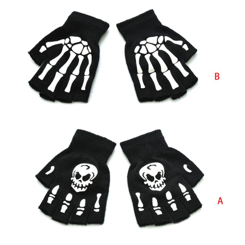 Bo ฮาโลวีน Luminous ถุงมือครึ่งนิ้วสยองขวัญ Skull Claw กระดูกโครงกระดูก Mittens