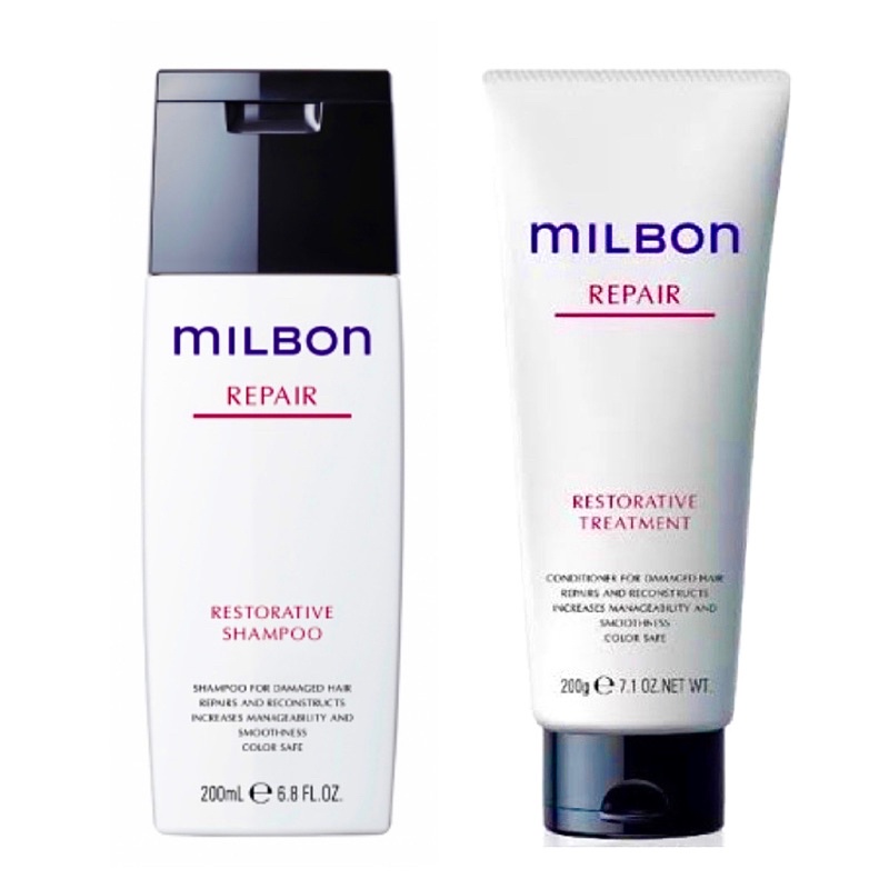 MILBON RESTORATIVE REPAIR 200 ML.แชมพู+ทรีทเม้น สำหรับผมแห้งเสีย ซ่อมแซมผมเสียได้อย่างล้ำลึก