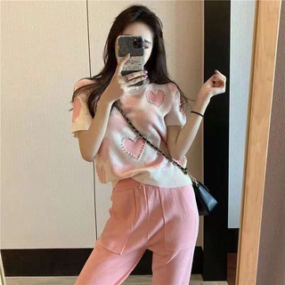 Women summer 2021 heart beaded T-shirt loose short sleeves round neck knit top