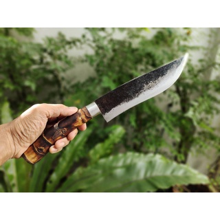 มีดเหน็บ มีดเชฟ (chef knife) มีดทำครัว มีดเดินป่า มีดแคมป์ ใบ 8.7 นิ้ว ตีร้อนชุบแข็ง ผิวไฟ ด้ามไม้ไผ่รวก