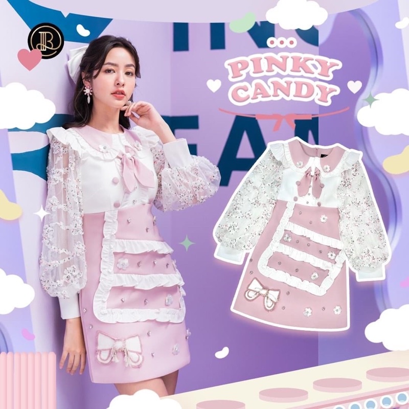 Dress : BLT Brand : มินิเดรสขาวชมพูแขนยาว(งาน QC)🎈หมด