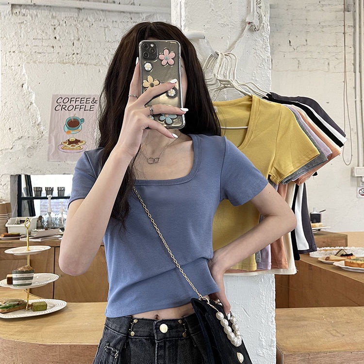【WJZ】 เสื้อยืดแขนสั้นคอเหลี่ยมสีทึบแฟชั่นสตรีแฟชั่นเกาหลี【6760】