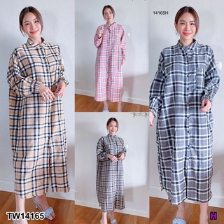 เดรส แขนยาว ลายสก๊อตทอ Freesize	Long sleeve plaid dress Freesize TT14165